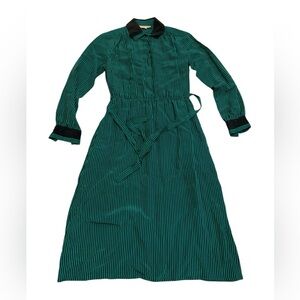 Vintage EATON 100% Silk Teal Black Striped Midi Dress Belted Button-Front Size 7